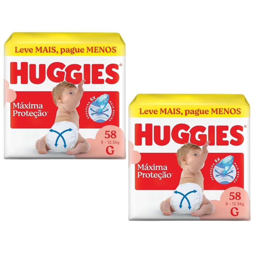 Kit 2 pacotes Fralda Huggies Máxima Proteção Hiper G 58un = Total 116 unidades