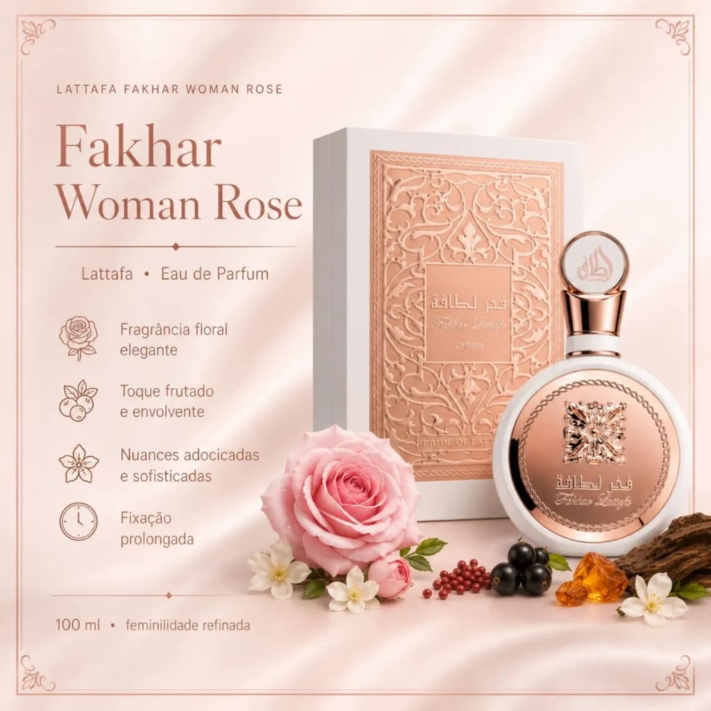 Perfume Fakhar Rose Feminino EDP 100ml Original Importado Árabe Floral Frutado Alta Fixação