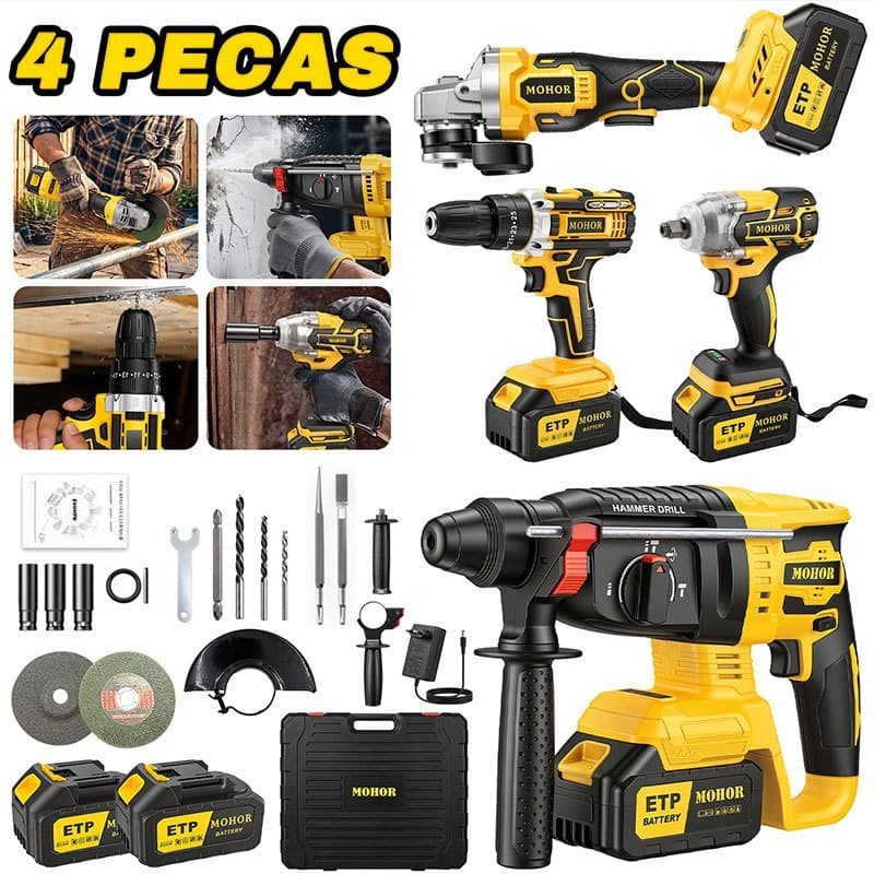 Kit Ferramentas 4 em 1 Sem Fio Profissional Furadeira Impacto Esmerilhadeira Parafusadeira com Maleta