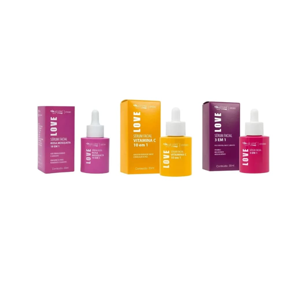 Kit Trio Sérum Max Love Rosa Mosqueta Vitamina C E 3 Em 1