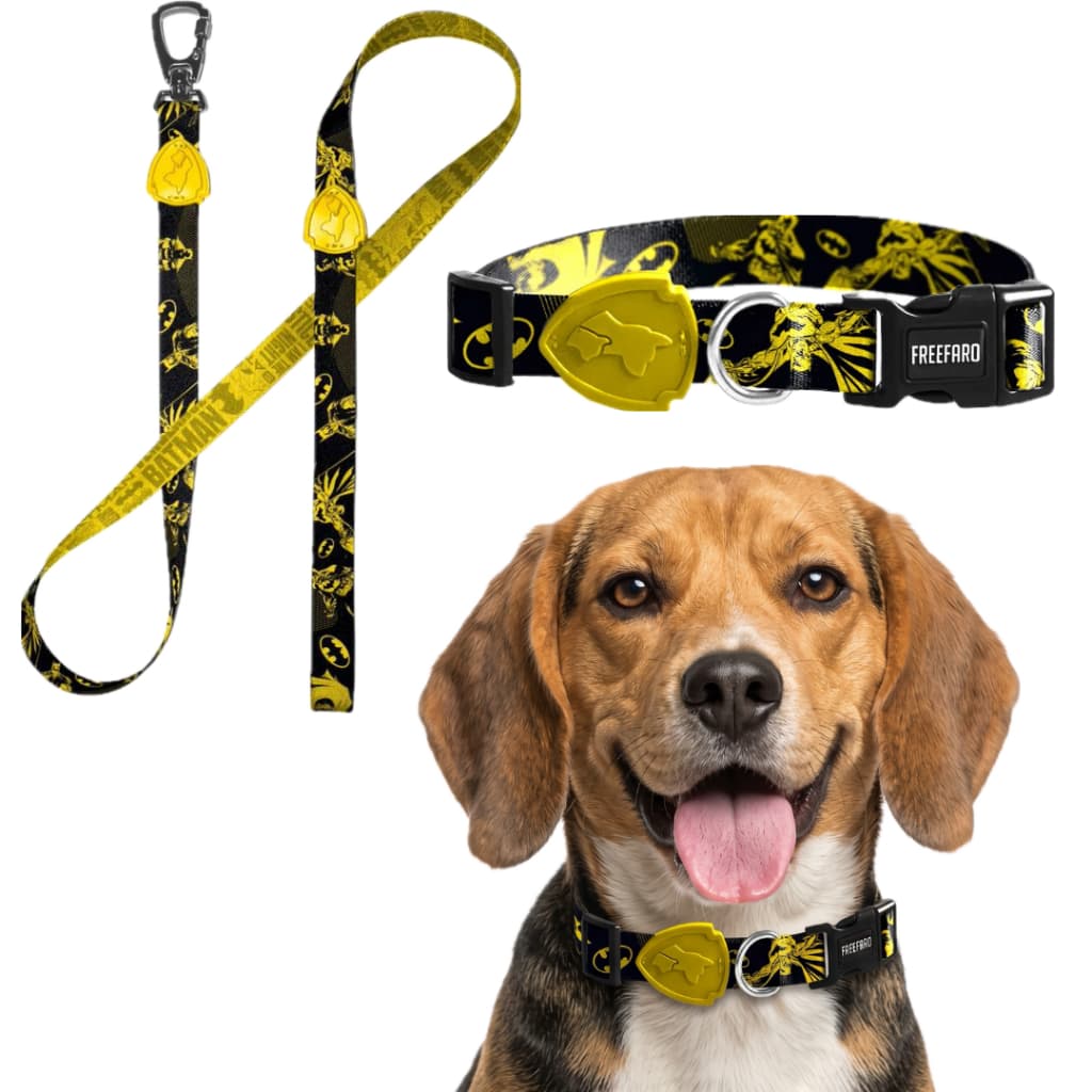 Kit Guia e Coleira Ajustável para passeio Pet Cachorro Cão Batman Freefaro
