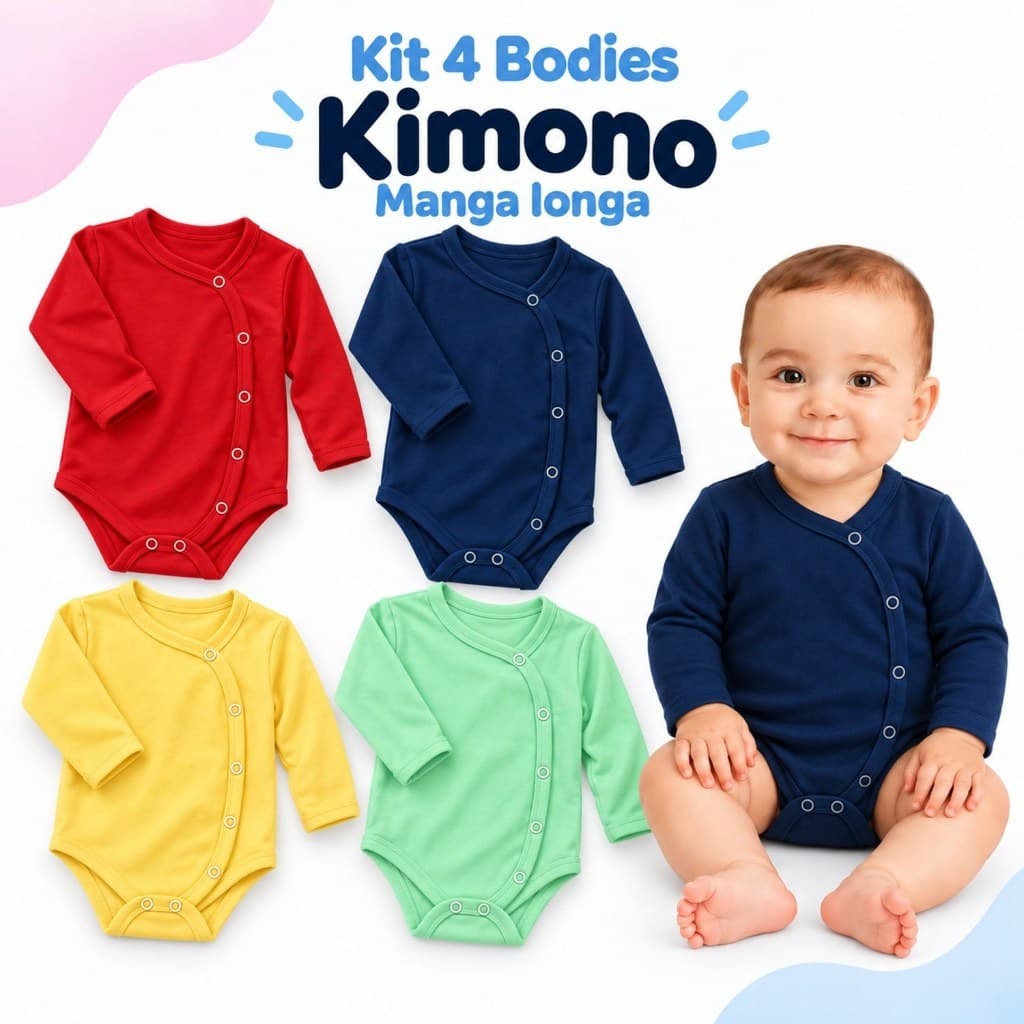 Kit 4 Body Kimono Manga Longa Bebê Infantil Menino Menina inverno 0 á 12 Meses Enxoval