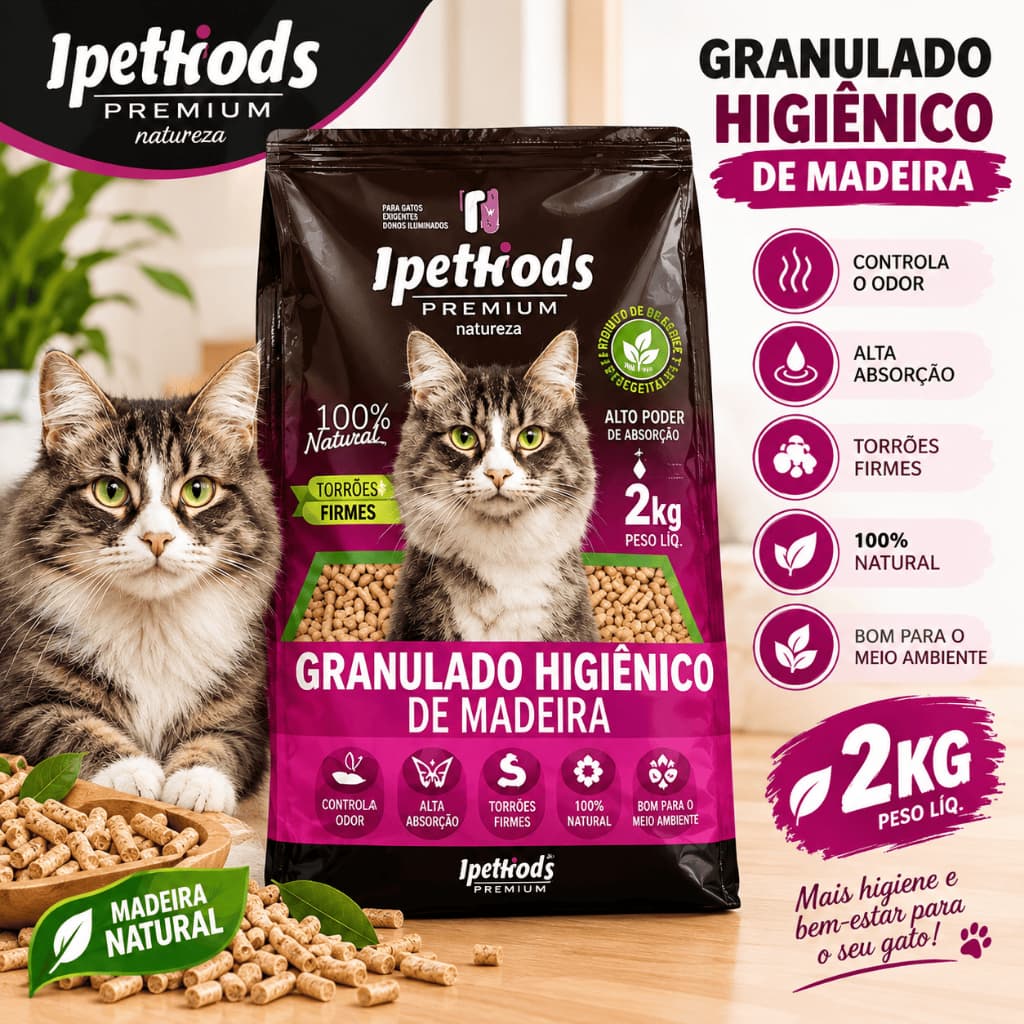 Granulado Higiênico para Gatos 2kg Ipet Woods Madeira Natural Areia Sanitária
