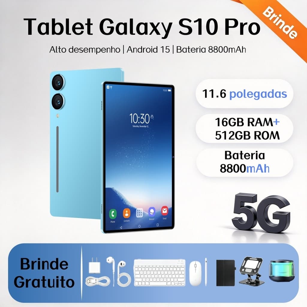 【Teclado e mouse grátis】Tablet Galaxy S10 Pro 11,6 polegadas, 16 GB + 512 GB, 8.800 mAh, 5G, Android, Bluetooth, Wi-Fi