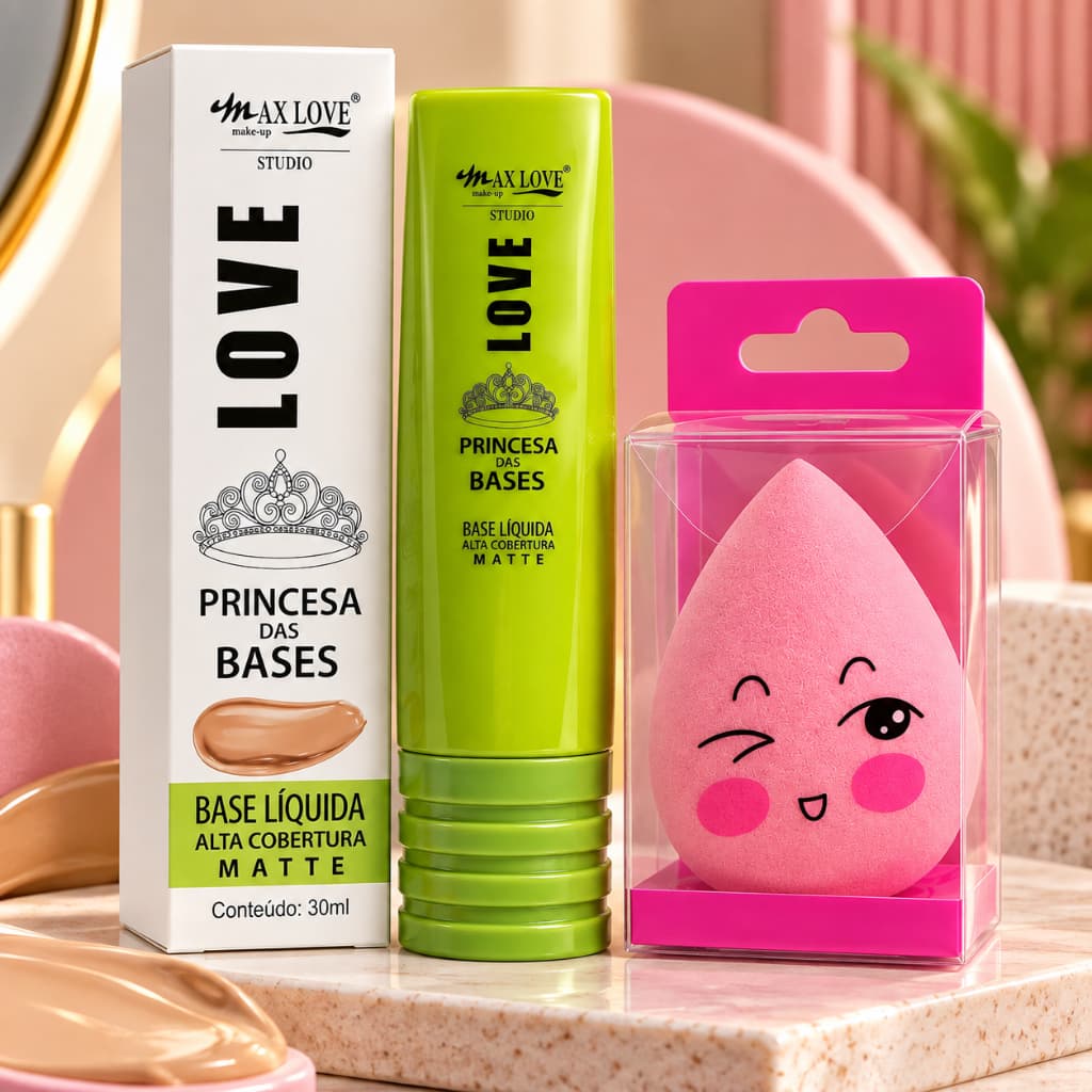 Kit Base Líquida Max Love Princesa das Bases Alta Cobertura Matte 30ml + Esponja Maquiagem