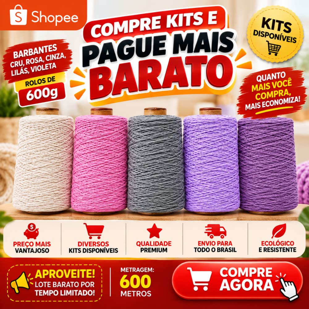 [KITS BARATOS] BARBANTES Nº6 CRU, ROSA, CINZA, VIOLETA, LILÁS - ROLOS 600g - Fio Macio Para Crochê Não Desbota
