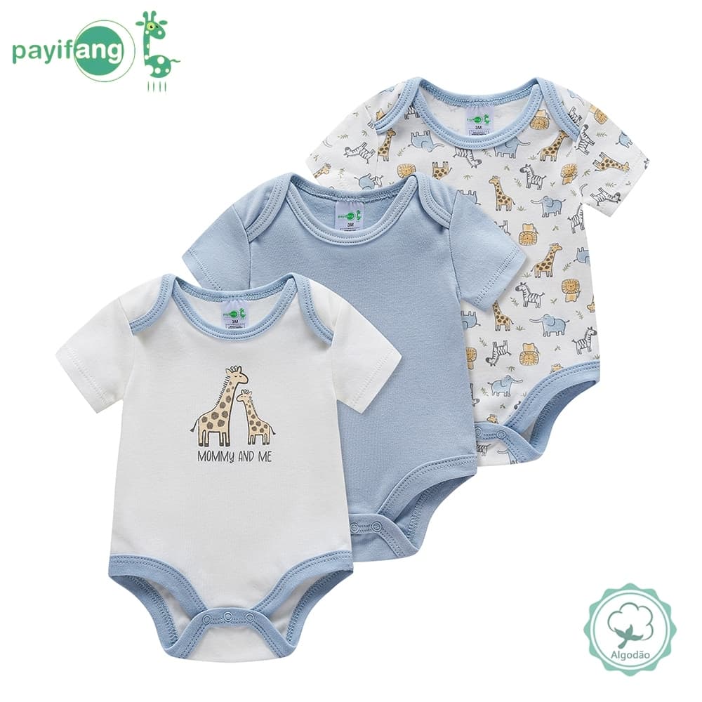 Kit 3 Body Bebê 60% Algodão 40% Poliéster 0 a 9 Meses Macio Durável Design Safari Fofo para Uso Diário e Enxoval