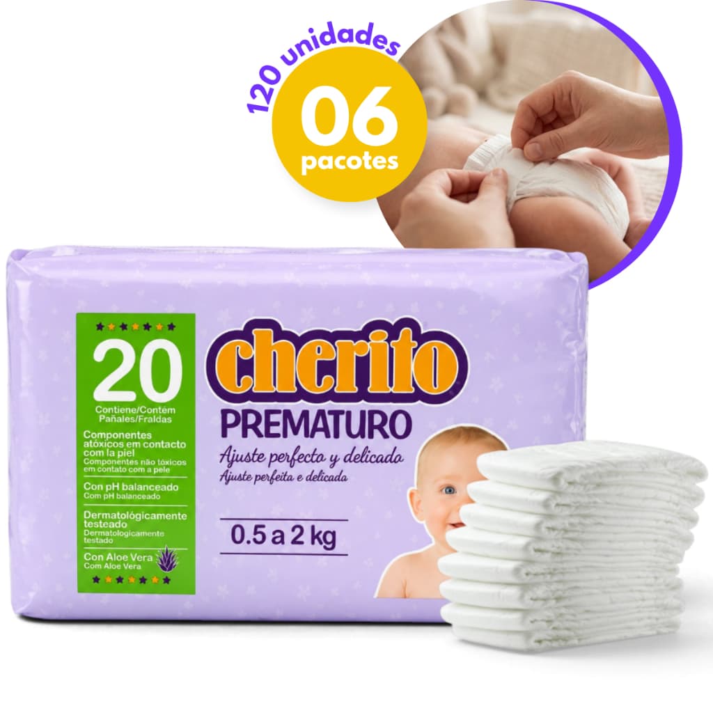 Kit Fralda Cherito Prematuro 120 Unidades 6 Pacotes Fralda Bebê Recém Nascido Descartável