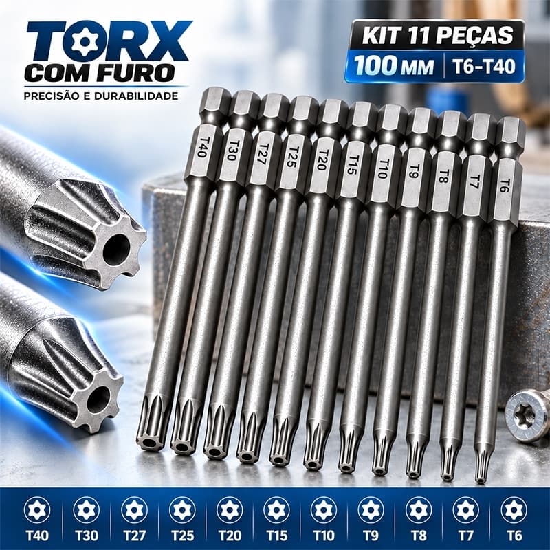 Kit 11 Bits Torx Longos 100mm T6 a T40 Ponteiras para Parafusadeira Furadeira