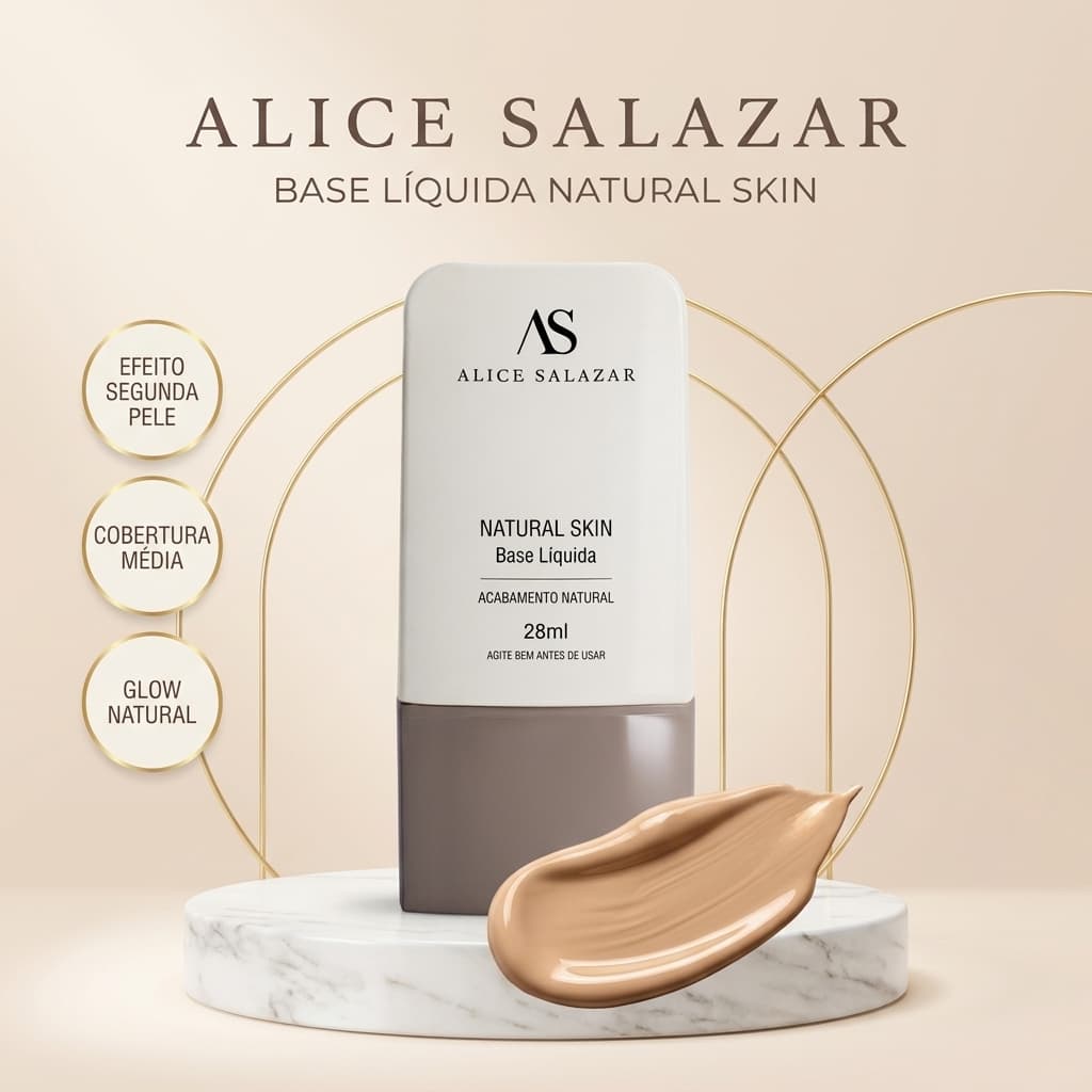 Base Liquida Alice Salazar Natural Skin 28ml Acabamento Natural Glow Cobertura Media Efeito Segunda Pele Vegana Blur