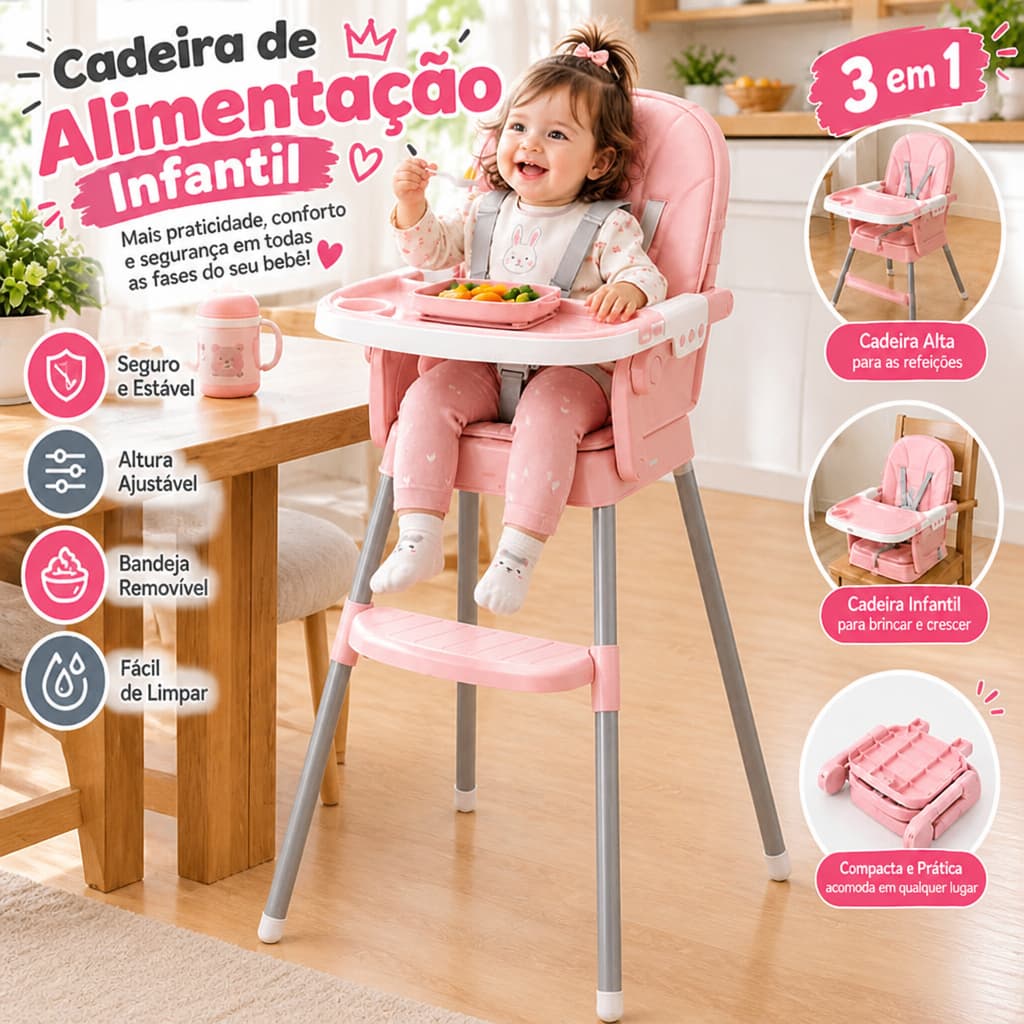 Cadeira de Alimentação Bebê Infantil 3 em 1 Dobrável Bandeja Removível Altura Ajustável Assento Macio
