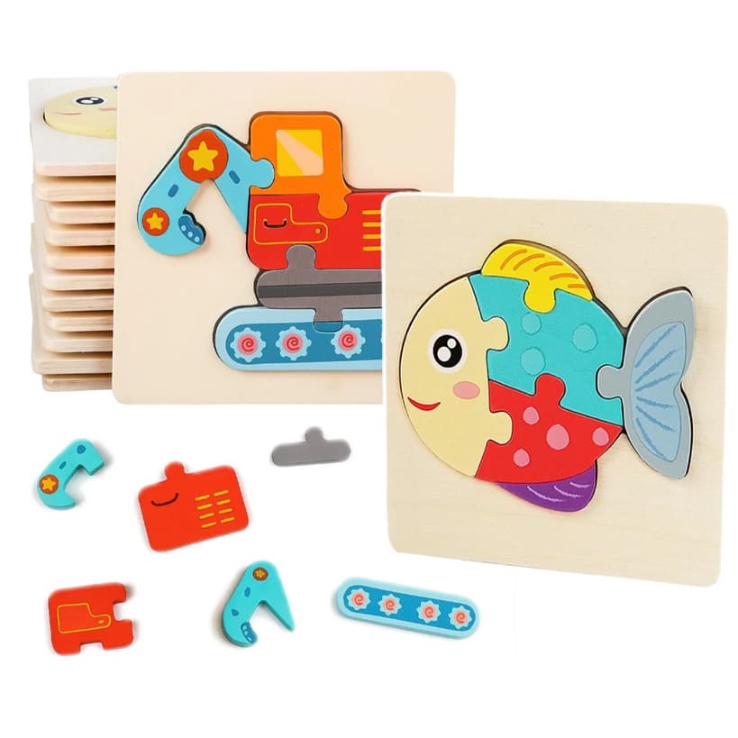 Quebra-Cabeça de Madeira 4D Desenho de Animais ou Veículos Brinquedo Infantil Educativo
