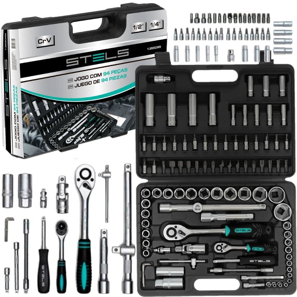 Kit Jogo de Soquetes Chave Catraca,1/4" E 1/2" c/ 94 Peças STELS 1358099