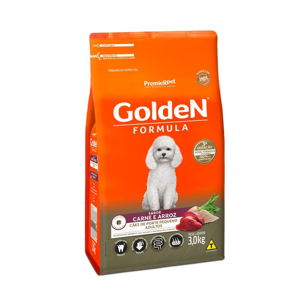 Ração pra Cães Adultos de Raças Pequenas Formula sabor Carne e Arroz Mini Bits 3kg Golden
