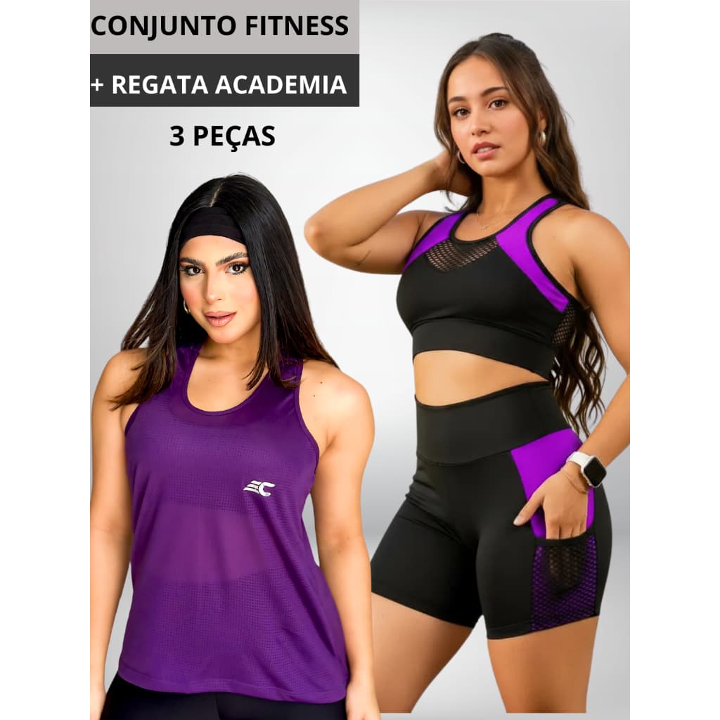 Kit Conjunto Fitness Feminino Roupa Academia Top Short + Camiseta Regata Blusa Feminina Dry fit