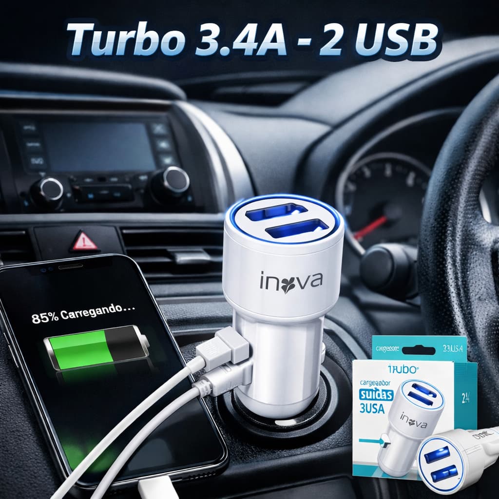 01 Carregador Veicular Inova CAR-3221 3.4A 2 USB Carregamento Rápido Universal