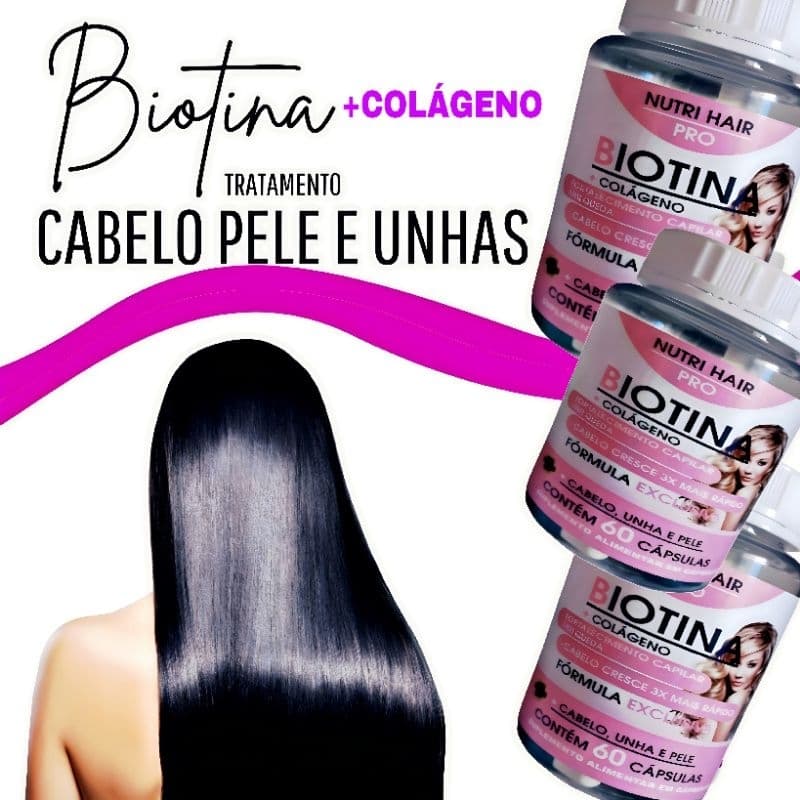 3 Kit Biotina vitamina para cabelo pele e unhas firmeza  crescimento capilar acelerado vitamina fortalecer cabelos