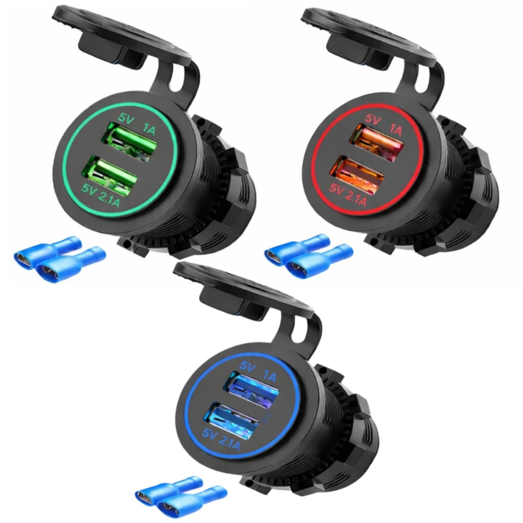 Carregador USB Azul Vermelho Verde de Duas Entradas Universal de 5V 2,1A/1A para Carro 12V-24V