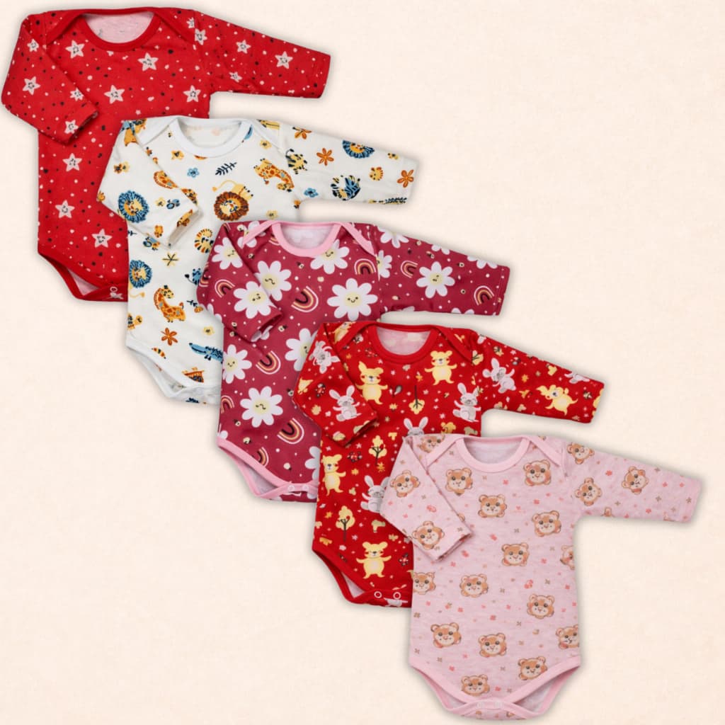 Kit 5 Peças Body Bebe M/LONGA MALHA ESTAMPADA 100% Algodão Menina