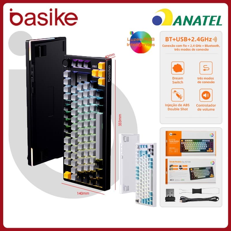 BASIKE Teclado Mecânico Tríplice Modo RGB Eixo Sonho 4000mAh 82 Teclas Ergonômico Suporte Macro，key308