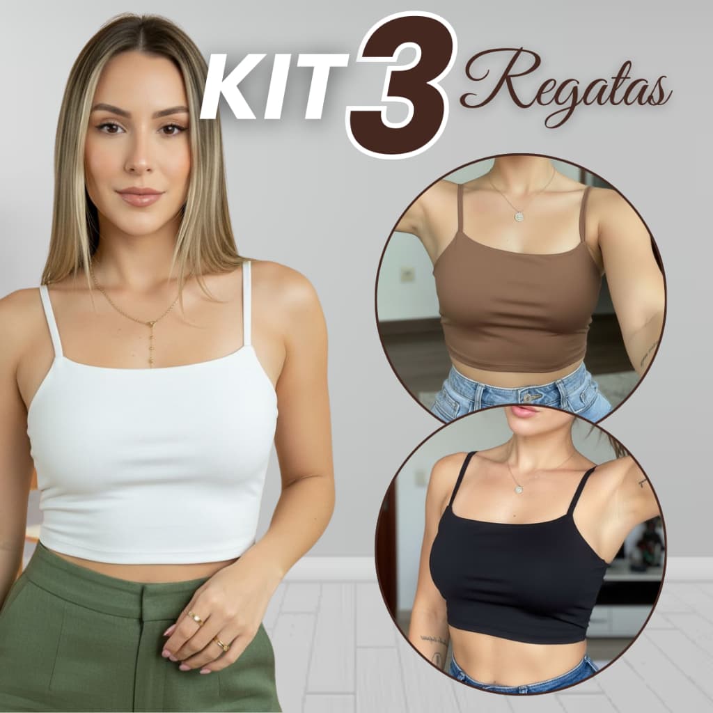 Kit 3 Cropped Top Regata Feminina Suplex Sem Bojo Poliamida Alça Fina Academia Fitness Várias Cores
