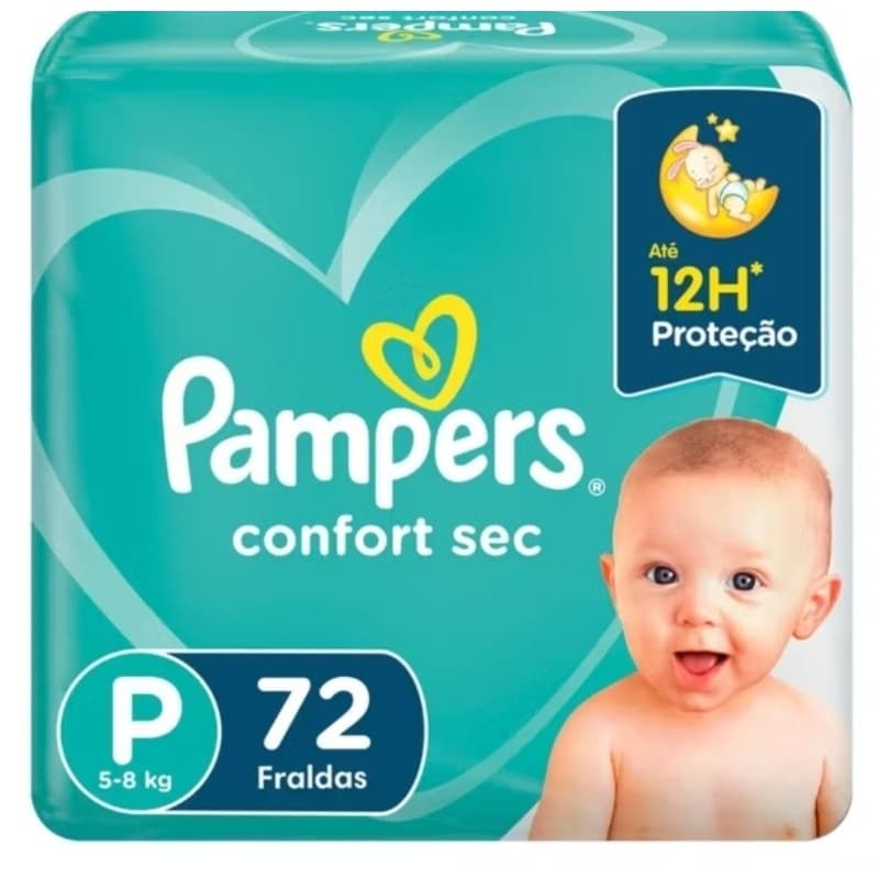 Fralda Pampers Confort Sec P 72 Unidades (3–5kg) – Pacote Econômico, Ajuste Elástico e Até 100% Livre de Vazamentos