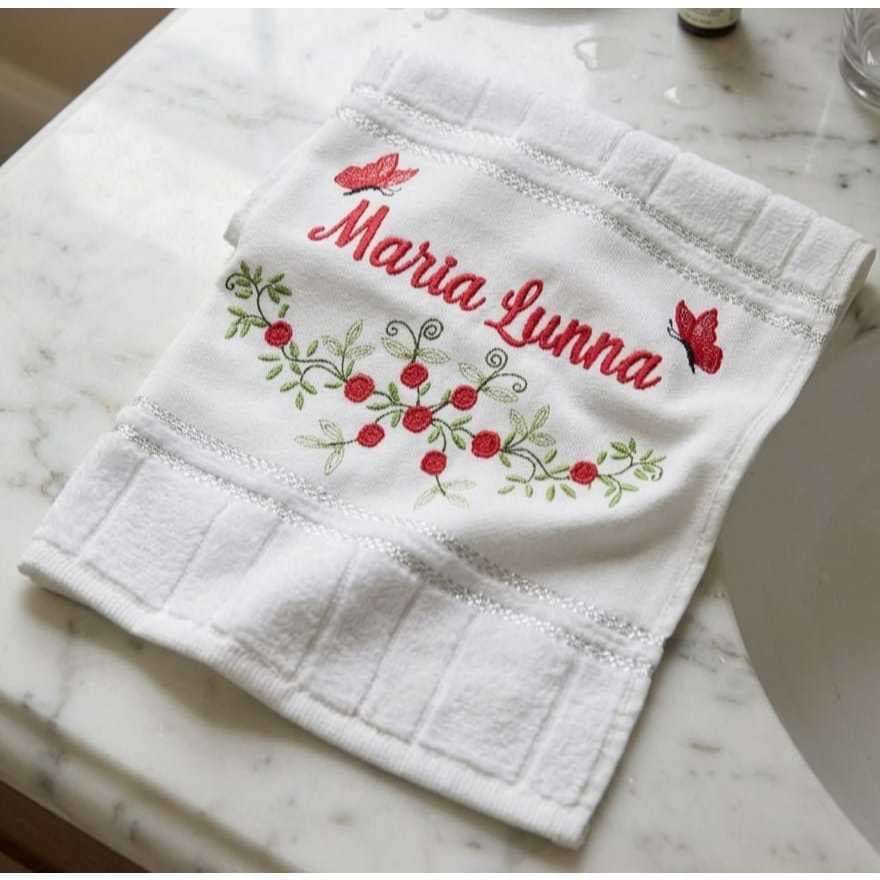 Toalha de mão Bordada Lavabo Nome Personalizado Flores e Borboletas Arabesco