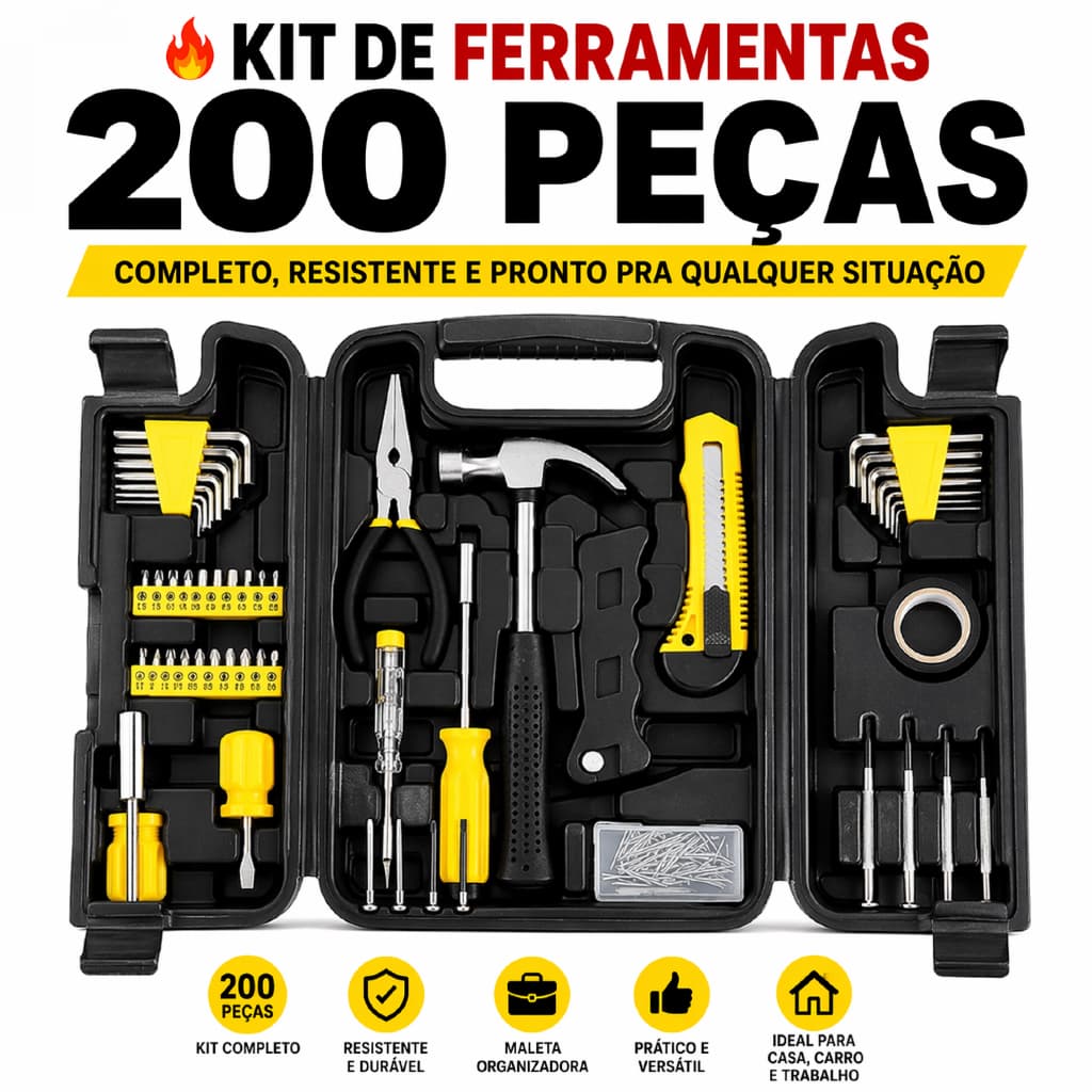 Kit 200 Peças Ferramentas Completo Profissional Com Maleta Reforçada Alta Qualidade