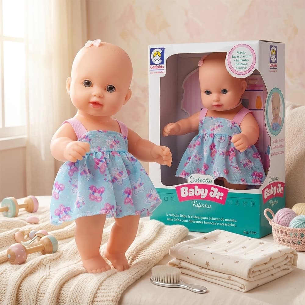 Boneca Baby Jr Fofinha Em Vinil Com Cheirinho 27cm Macia Articulada Menina Divertida
