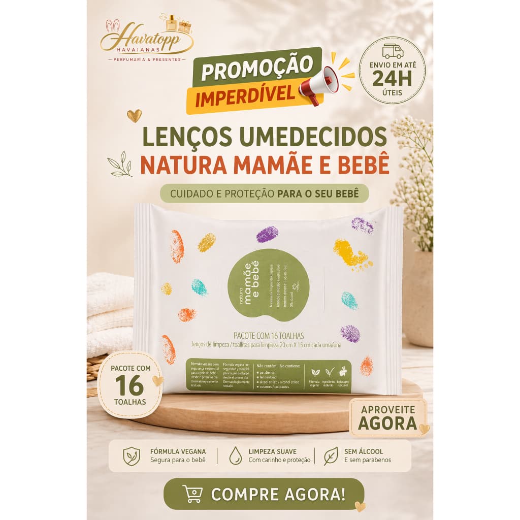 LENÇO UMEDECIDO NATURA MAMÃE E BEBÊ COM FRAGRÂNCIA  16 TOALHAS - ORIGINAL - PROMOÇÃO