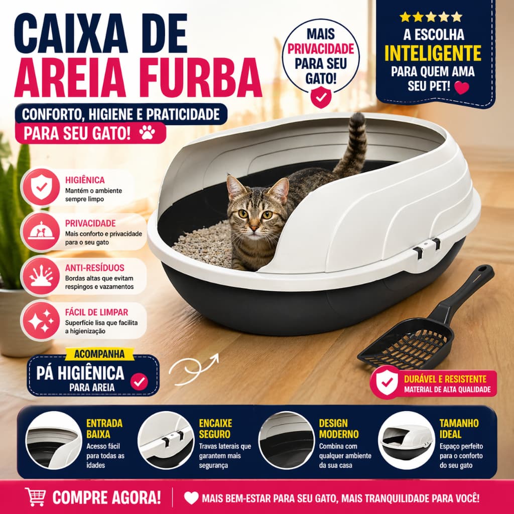 Caixa de Areia Sanitária Bandeja Higiênica Prime Com arco para Gatos desmontável