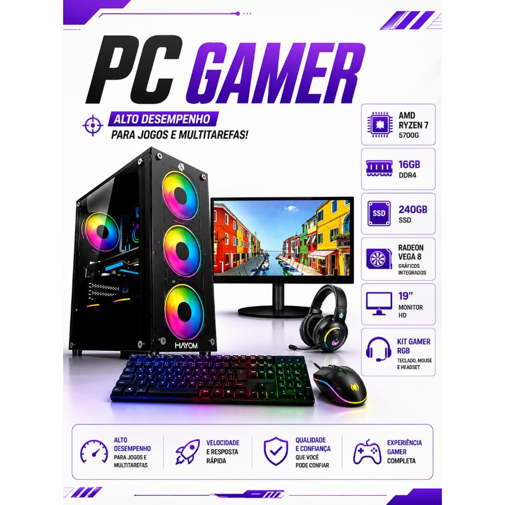 PC GAMER AMD RYZEN 7 5700G - 16GB DDR4 - SSD 240GB - RADEON VEGA 8 - MONITOR 19'' - KIT GAMER RGB