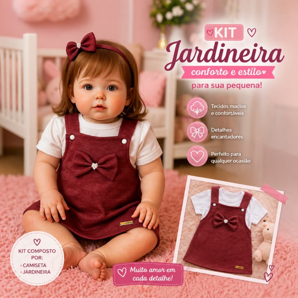 Jardineira Bebê Menina com Camiseta Básica Lisa Roupa Bebê Menina 3 á 6 Meses Laço na Frente