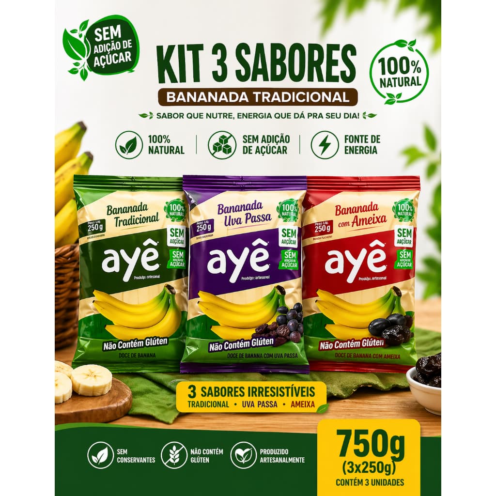 Bananinha Zero Açúcar Sem Glúten 3 Sabores  Kit 250g Doce de Banana Fit Saudável Uva Passa Ameixa Sem Conservantes