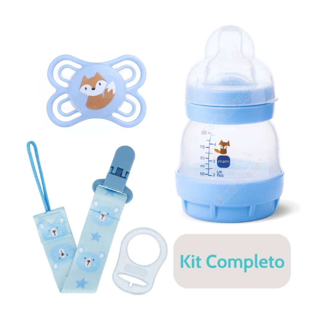 Kit Mamadeira MAM 130ml Anticolica Chupeta Perfect 0-6Meses Prendedor Chupeta Ursinho Azul Buba Bebê
