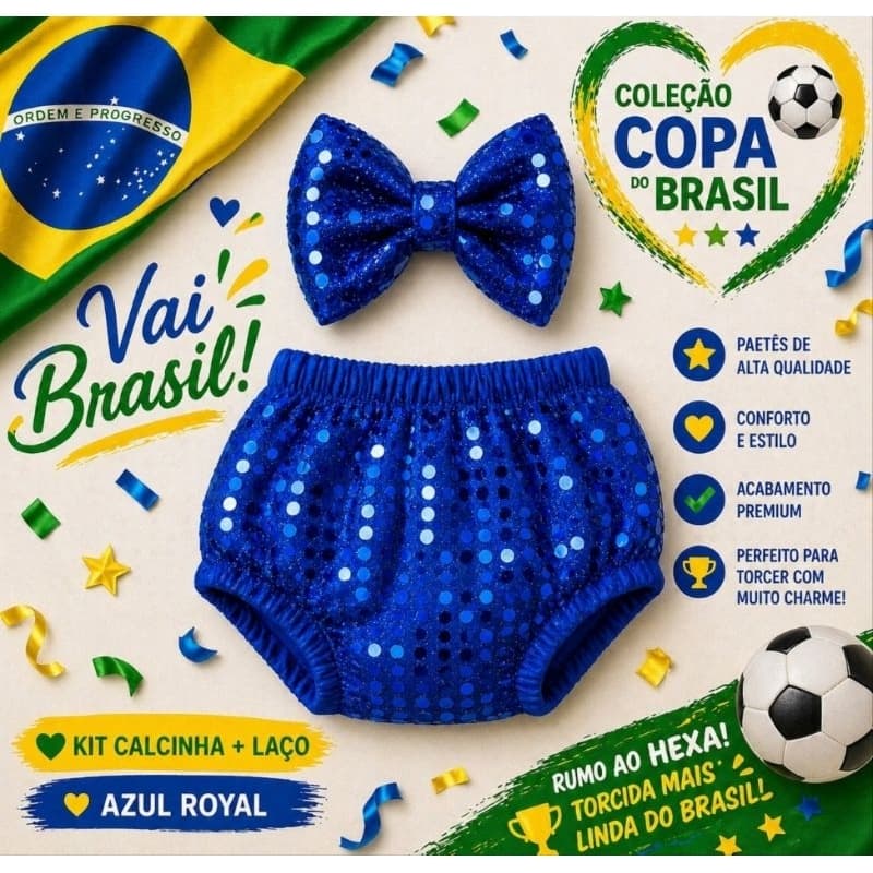 Kit Calcinha Infantil Paetê Copa Brasil + Laço | Verde, Azul ou Dourado | Bebê Menina