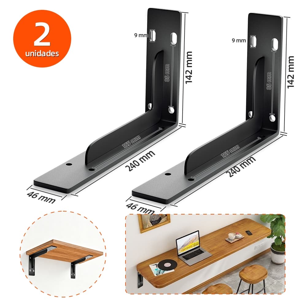 Kit 2 Suportes para Prateleira 24cm Mão Francesa Reforçada Preta de Parede