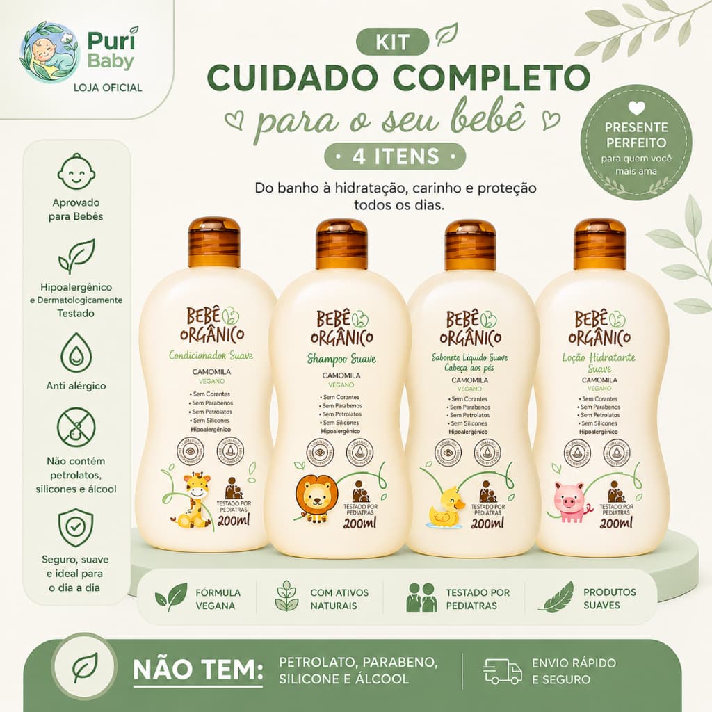 Kit Shampoo + Condicionador + Sabonete + Hidratante - Cuidado Completo Bebê Orgânico