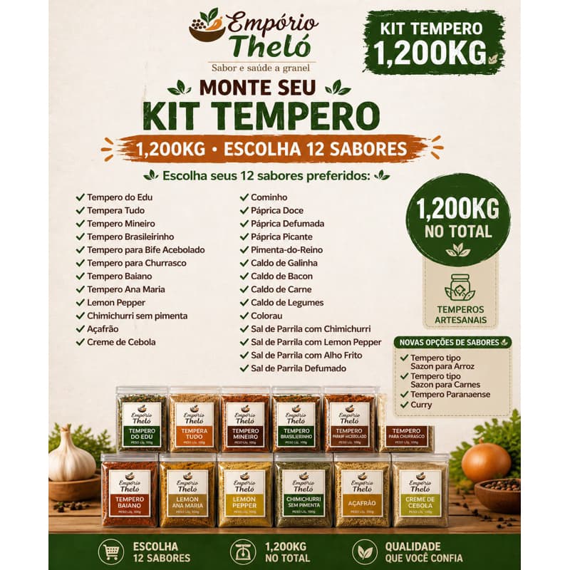 Kit 12 temperos de 100g  total de 1,200kg de temperos a sua escolha, monte seu kit temperos