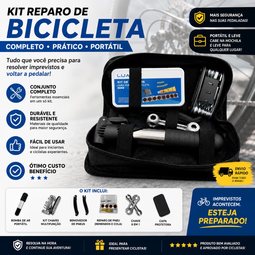 Kit De Ferramentas para Bicicleta Completo Portátil Reparo de Pneu + Bomba de Ar + Bolsa de Quadro