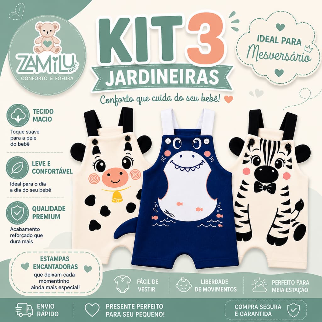 Kit Jardineira Bebê Menino Safari Tubarão Vaquinha Presente Enxoval Mesversário