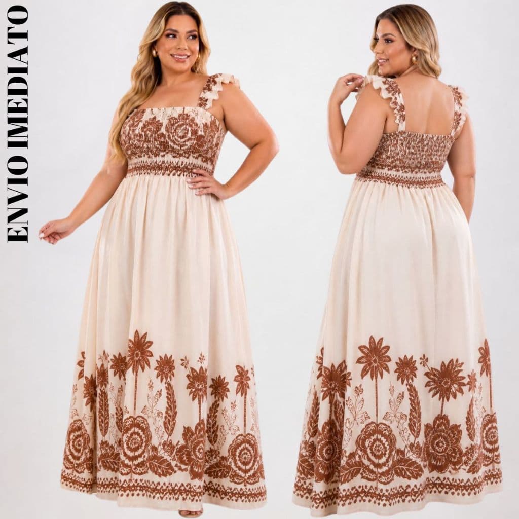 Vestido Bia Longo Feminino Plus Size Moda Casual Elegante confortavé Festa Manga Alça Babado Crepe Dunas casual c lastex