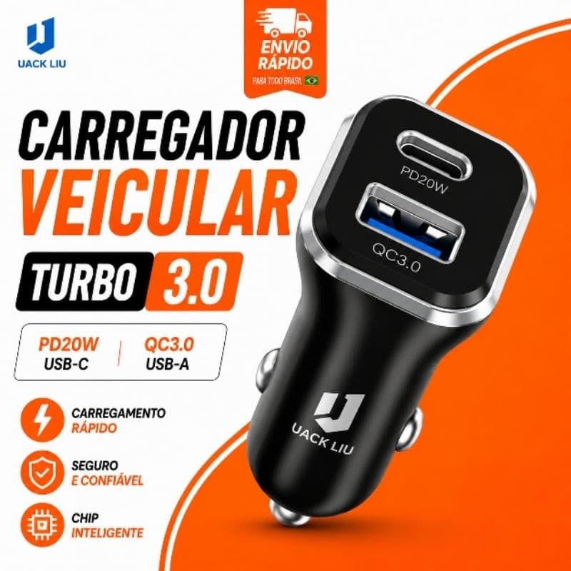 Carregador Veicular Turbo 3.0 PD20W QC3.0 | USB + USB-C | Carregamento Rápido para iPhone e Android 🚗