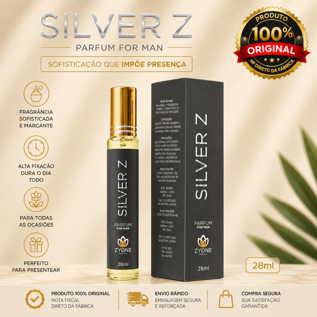 Perfume Masculino Silver Z Zyone Alta Fixação 25% de Essência Importada 28ml - Parfum