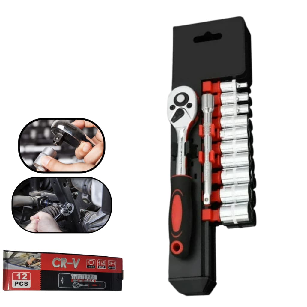 Jogo De Soquetes 1/4 Cr-V 12 Peças Chave Catraca Com Extensor Profissional