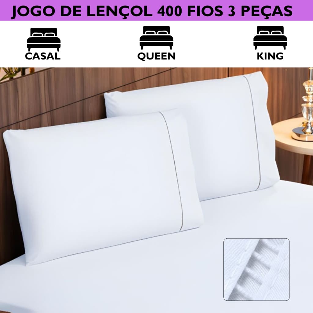 Jogo De Lençol Casal Queen King  Solteiro 400 Fios Ponto Palito Elástico Toque de Seda 2 e 3 Peças