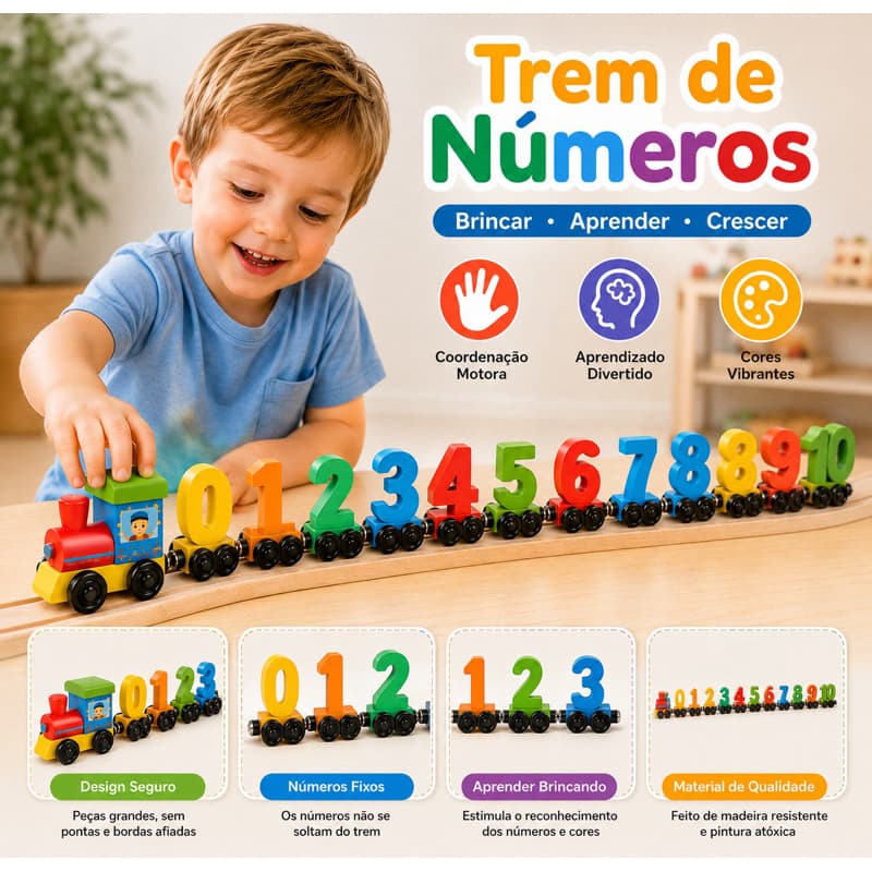 Brinquedo Educativo Trem com Números 0-10 Magnético Infantil Aprender Contar Cores Coordenação Motora