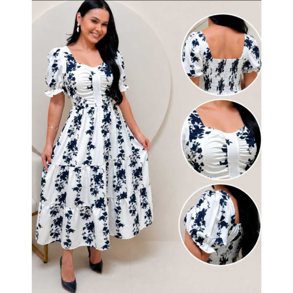 Vestido midi feminino evangélico tendencia manga bufante forrado