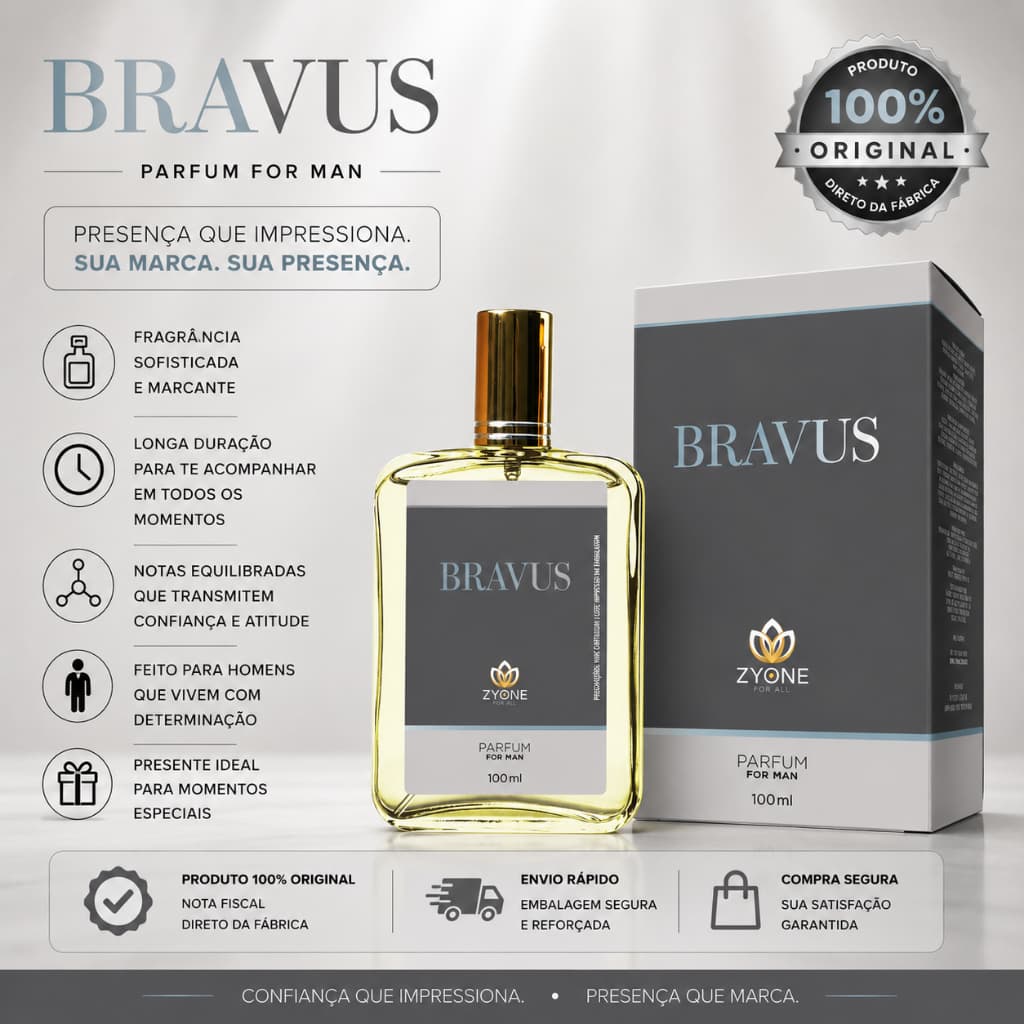 Perfume Bravus Masculino Zyone Alta Fixação 25% de Essência Importada Parfum
