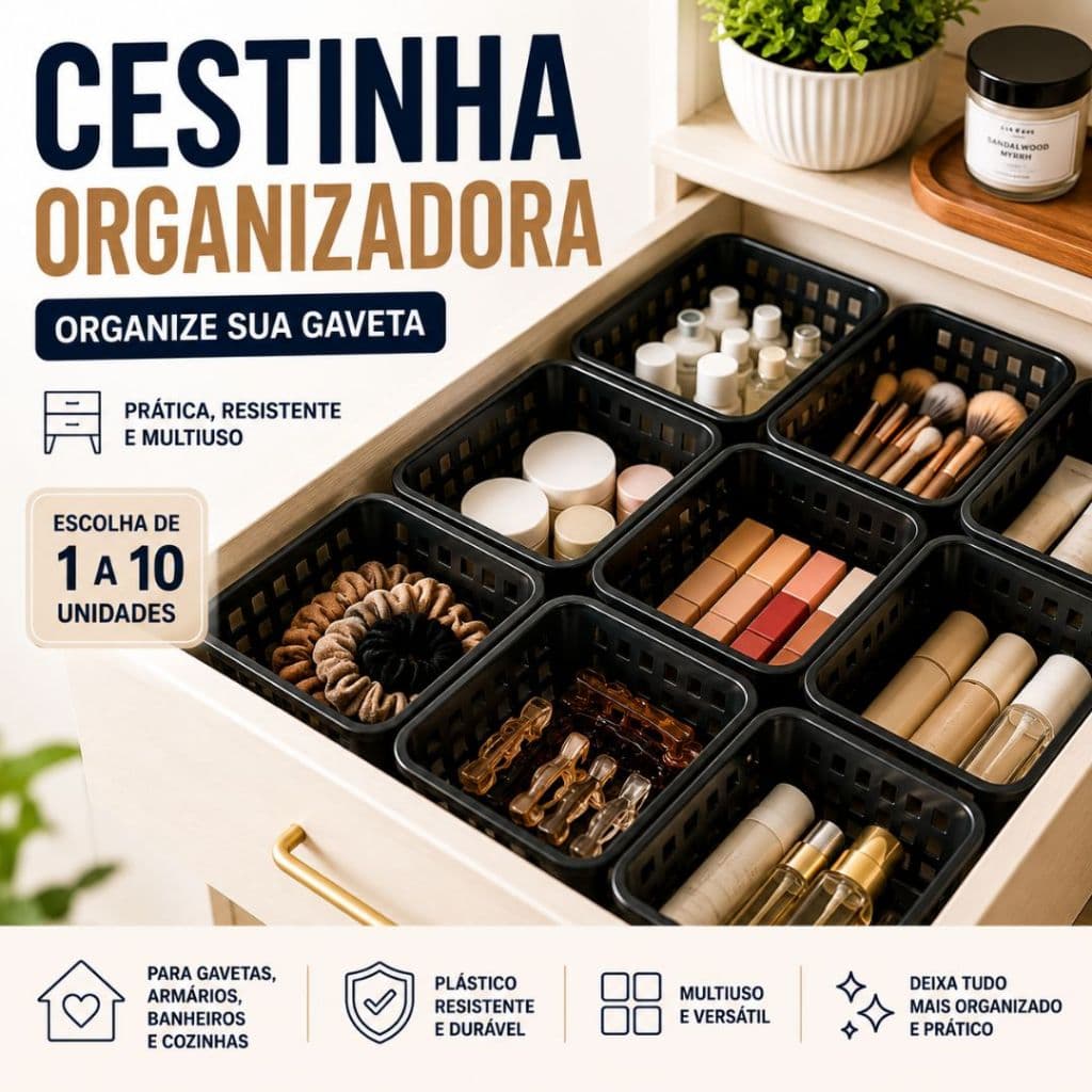 Cesto Organizador Multiuso Médio para Gaveta Armário Cozinha Banheiro